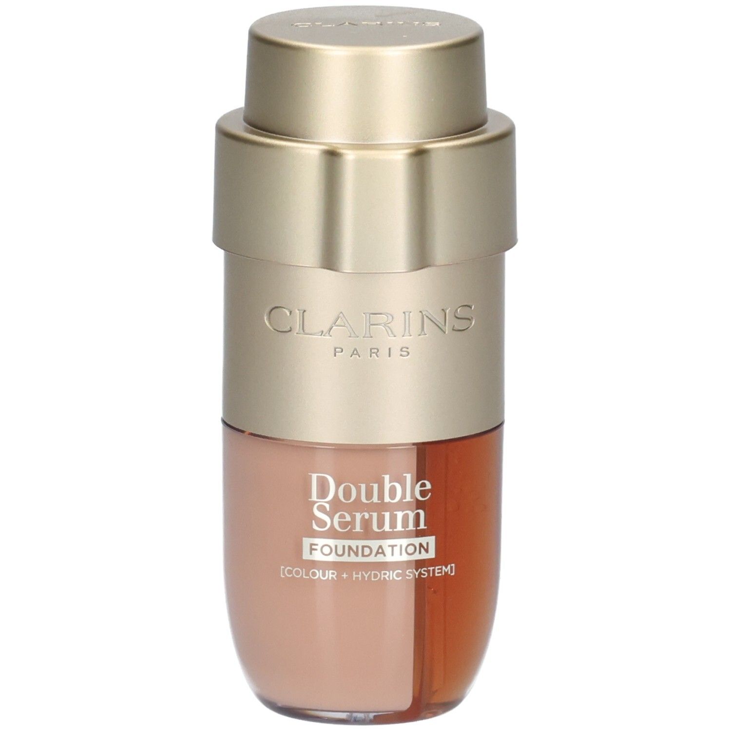 Clarins Double Serum Foundation M2N : flacon pompe doré à deux compartiments, l'un avec fond de teint beige, l'autre avec sérum brun doré.