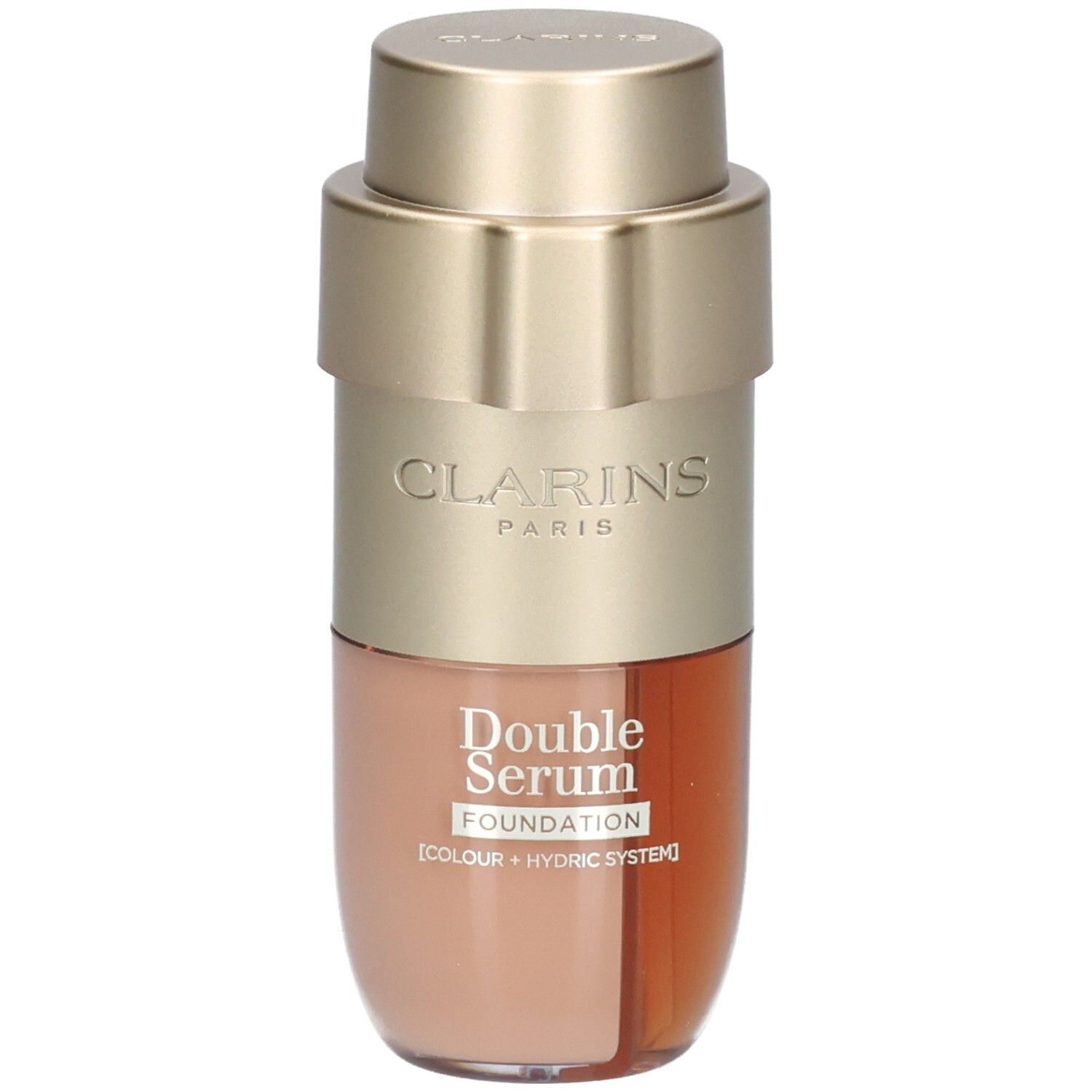 Flacon Clarins Double Serum Foundation avec distributeur doré et deux compartiments pour fond de teint et sérum.