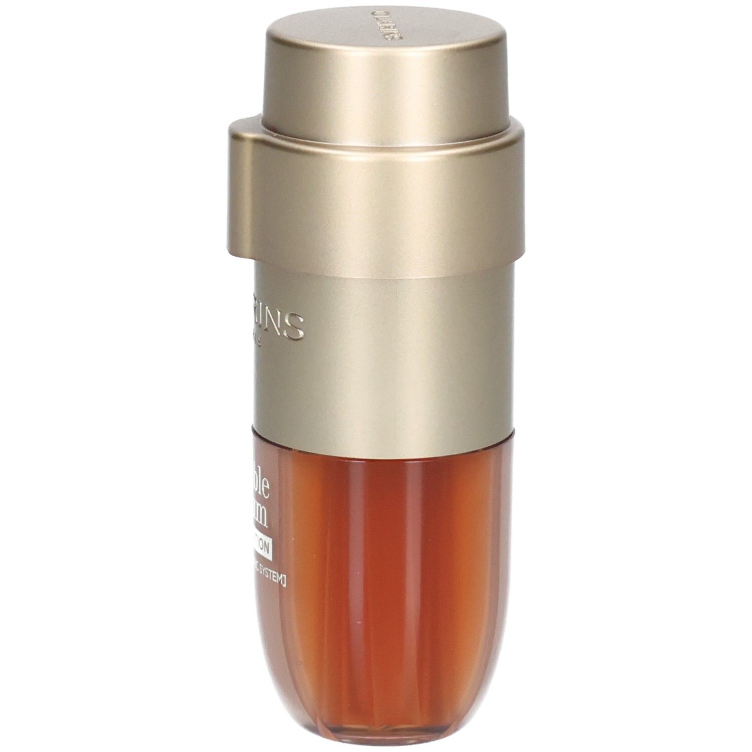 Flacon Clarins Double Serum Foundation avec distributeur doré, montrant le compartiment du sérum.