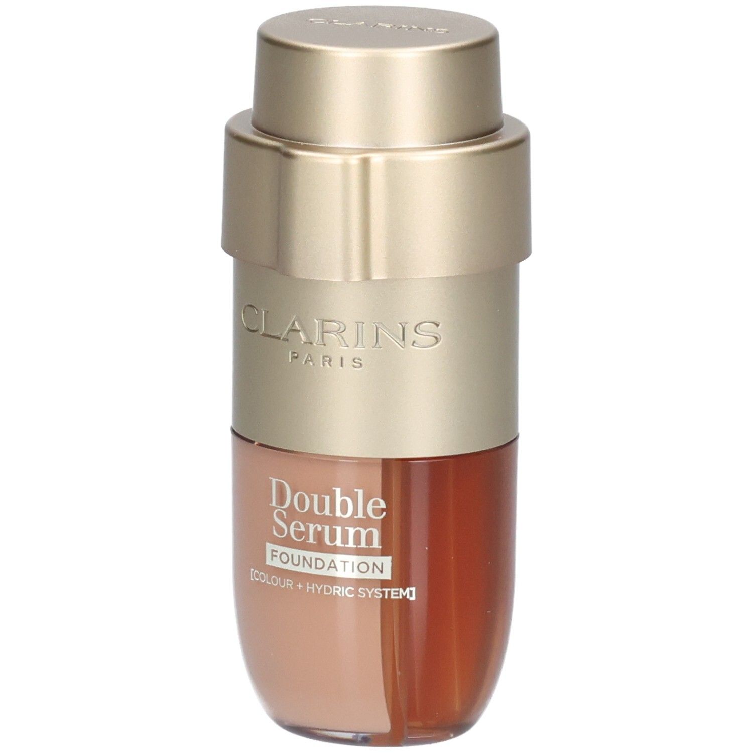 Flacon Clarins Double Serum Foundation avec distributeur doré, montrant les deux compartiments de fond de teint et sérum.