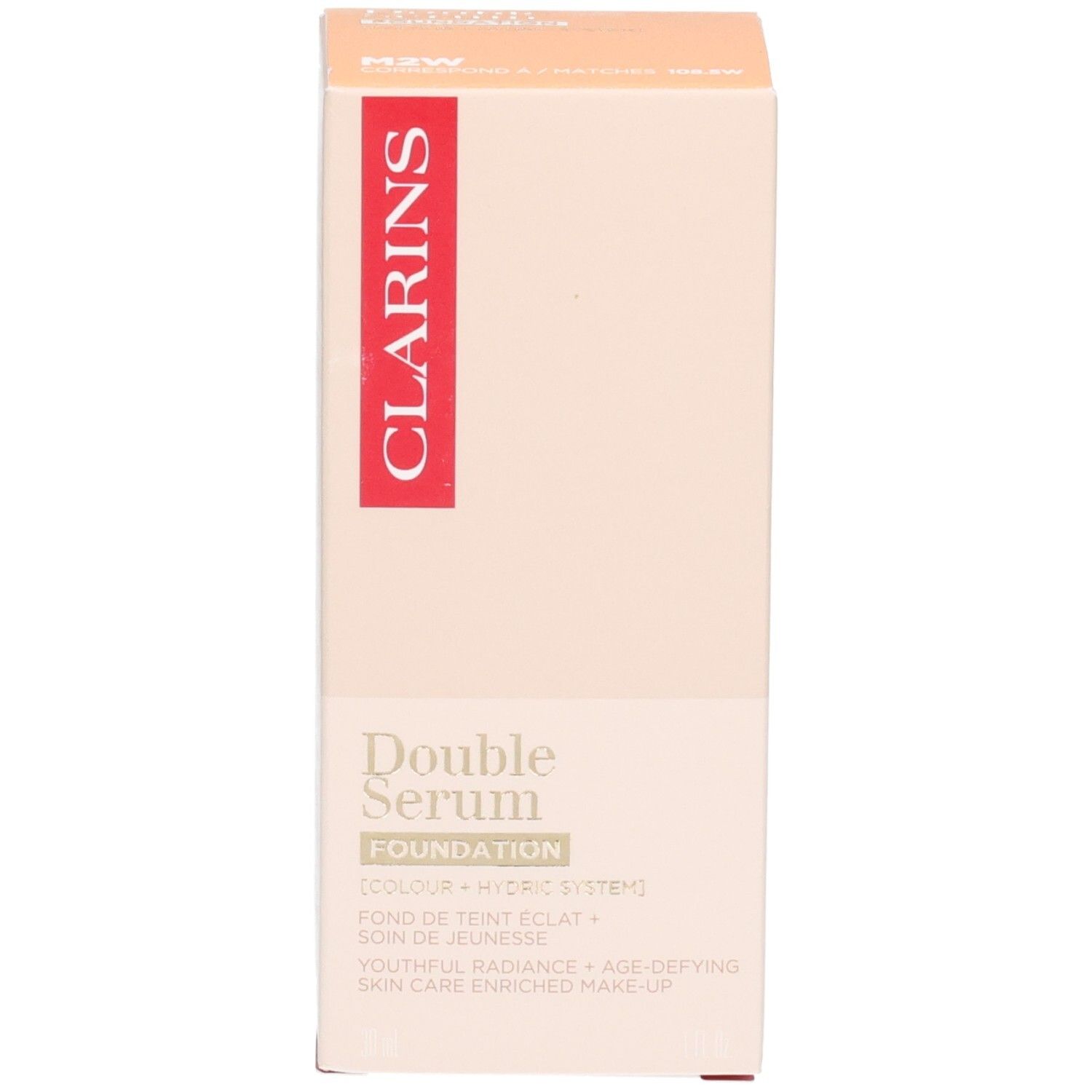 Emballage Clarins Double Serum Foundation avec nom du produit et informations sur le devant.
