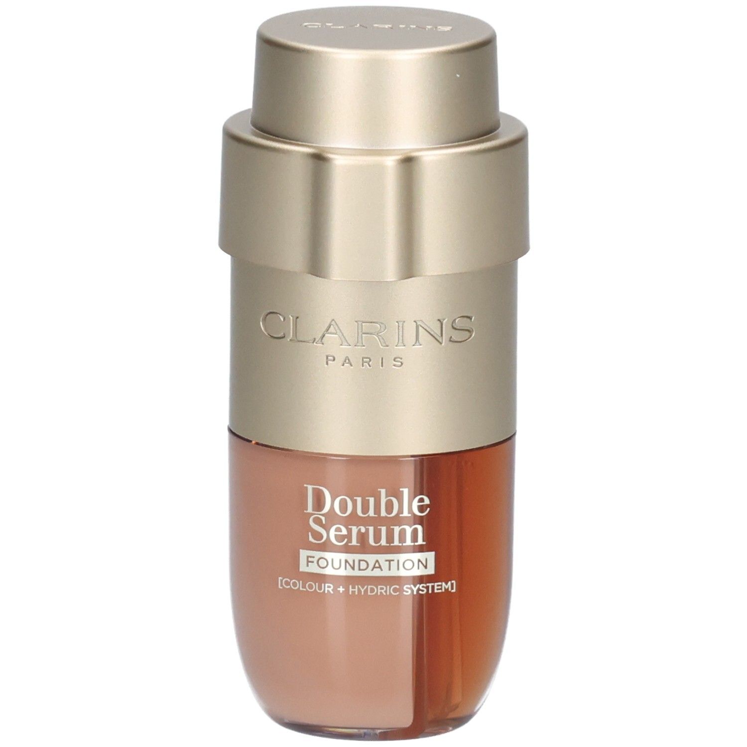 Clarins Double Serum Foundation M3C in een gouden fles met twee kamers.