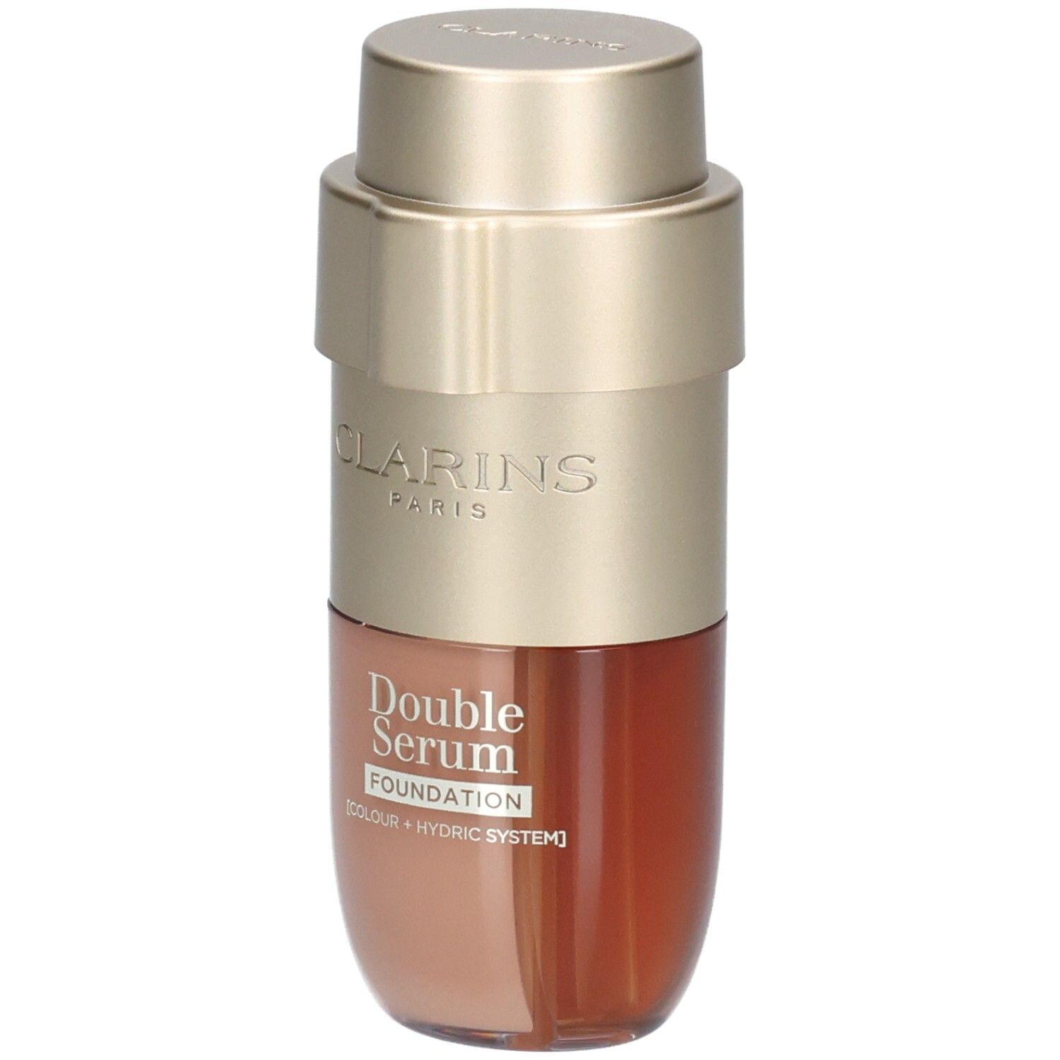 Clarins Double Serum Foundation M3C, gouden fles met twee kamers, vooraanzicht.