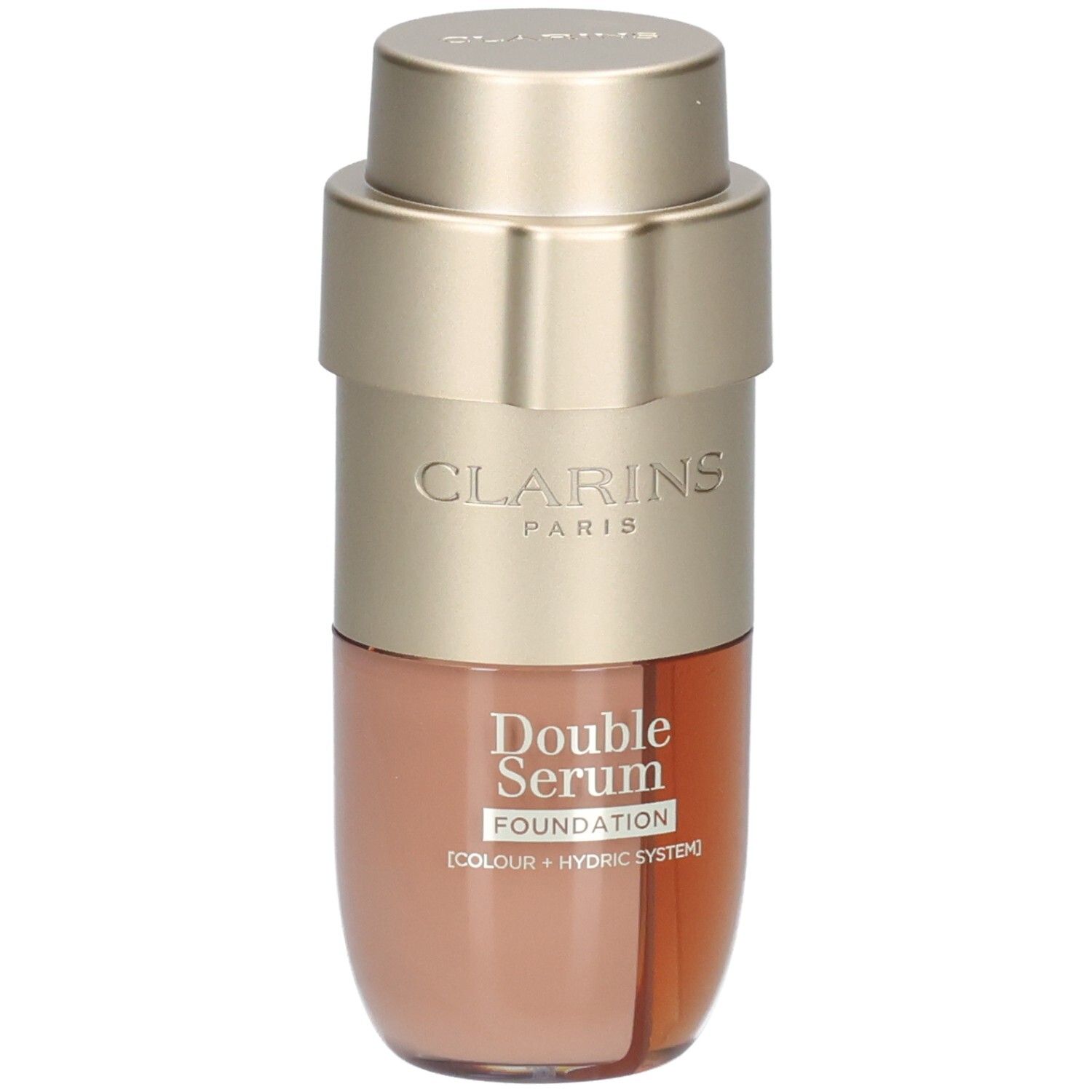 Clarins Double Serum Foundation M3C, gouden fles met twee kamers, licht schuin.