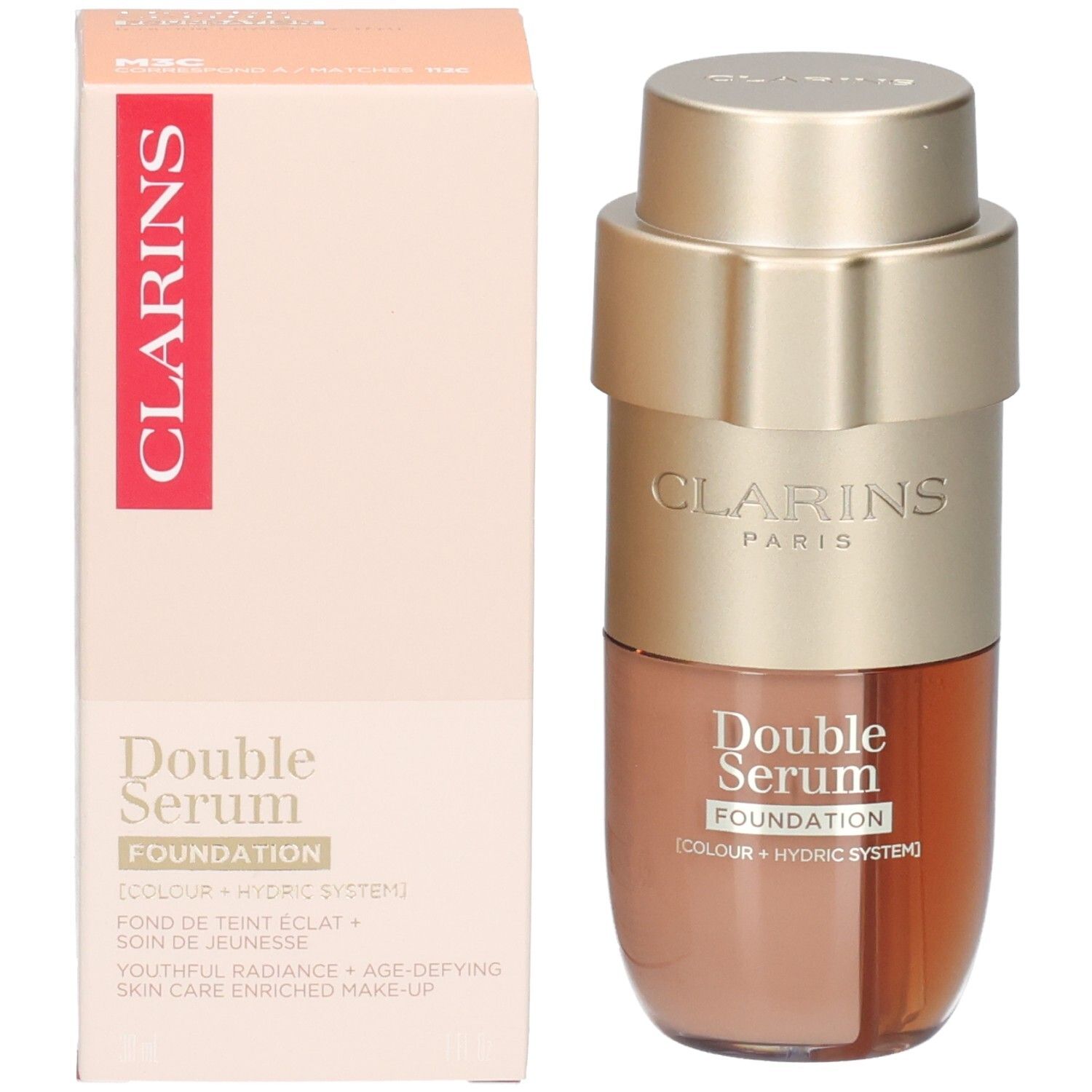 Clarins Double Serum Foundation M3C en de verpakking, gouden fles.