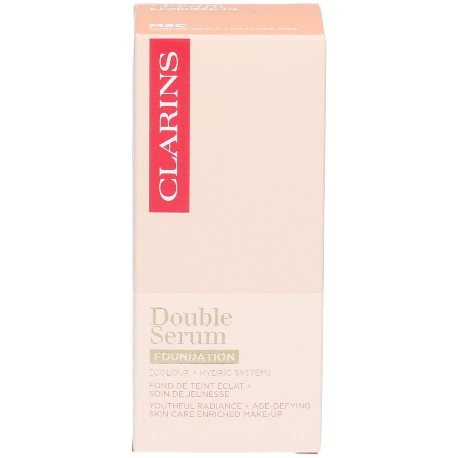 Verpakking Clarins Double Serum Foundation M3C, beige met rode streep en gouden tekst.