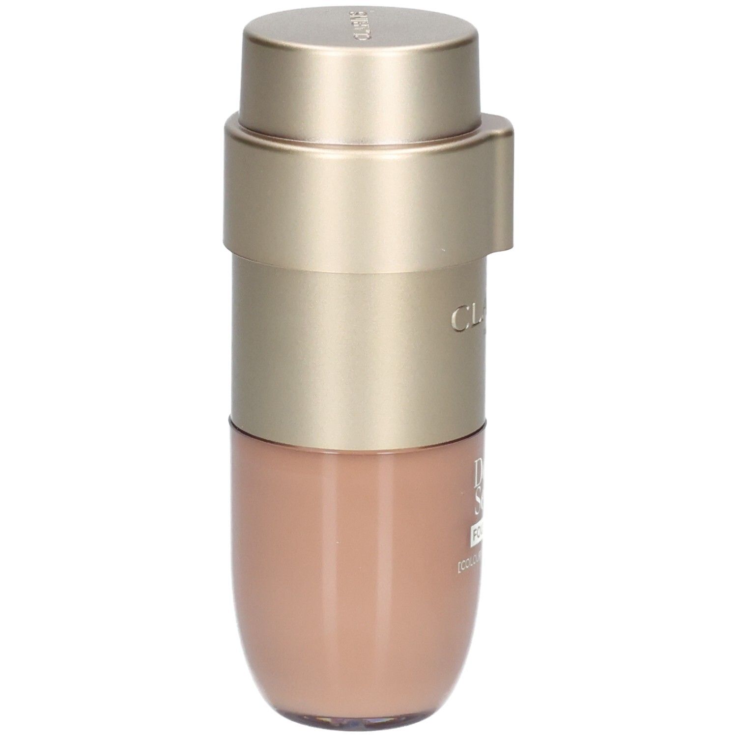 Dubbele foundationfles met goudkleurige dispenser en beige inhoud.