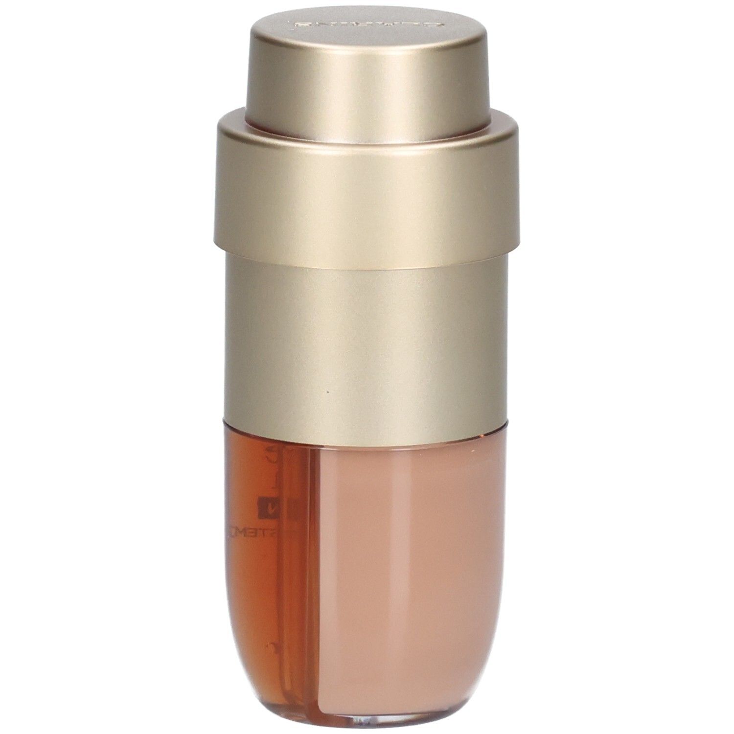 Dubbele foundationfles met goudkleurige dispenser, beige en bruine inhoud.