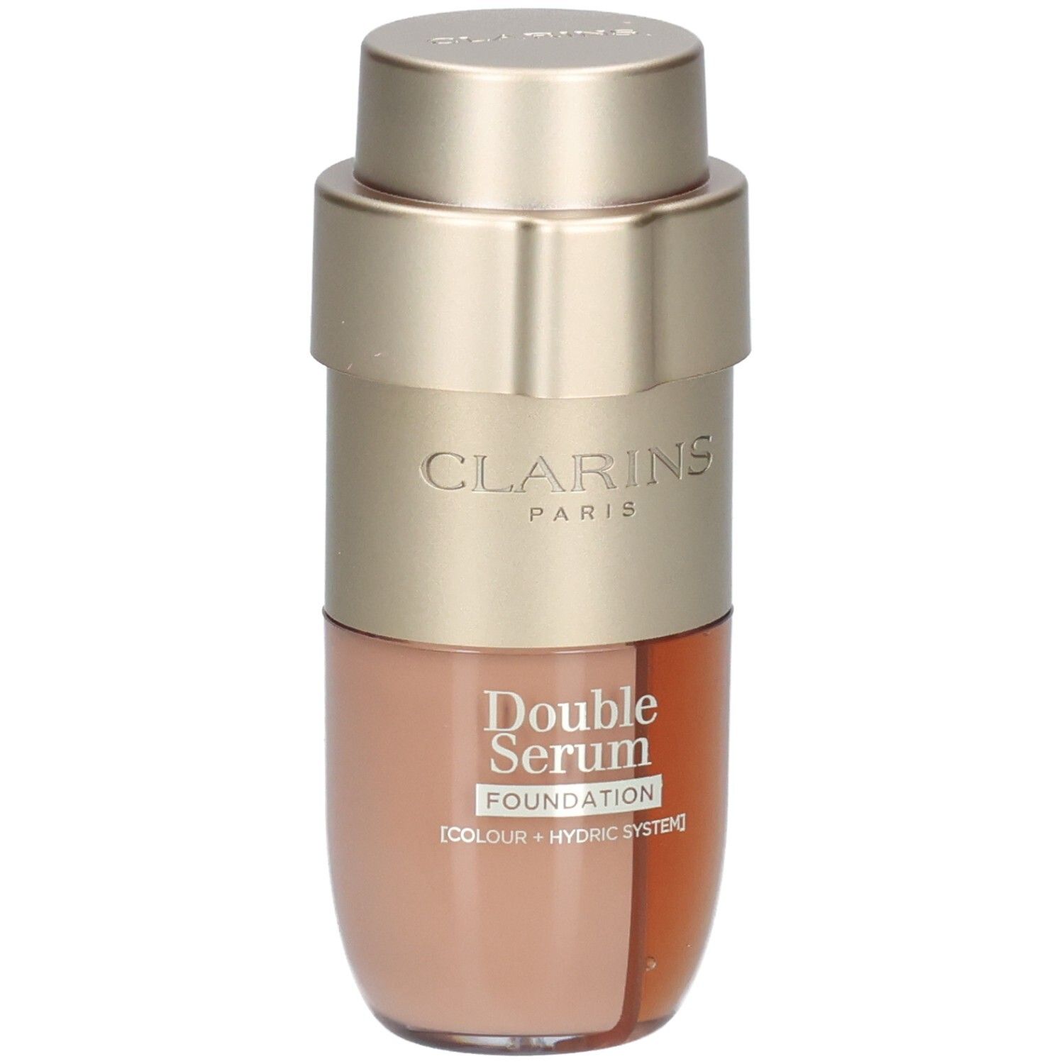 Clarins Double Serum Foundation fles met goudkleurige dispenser en tweekleurige inhoud.