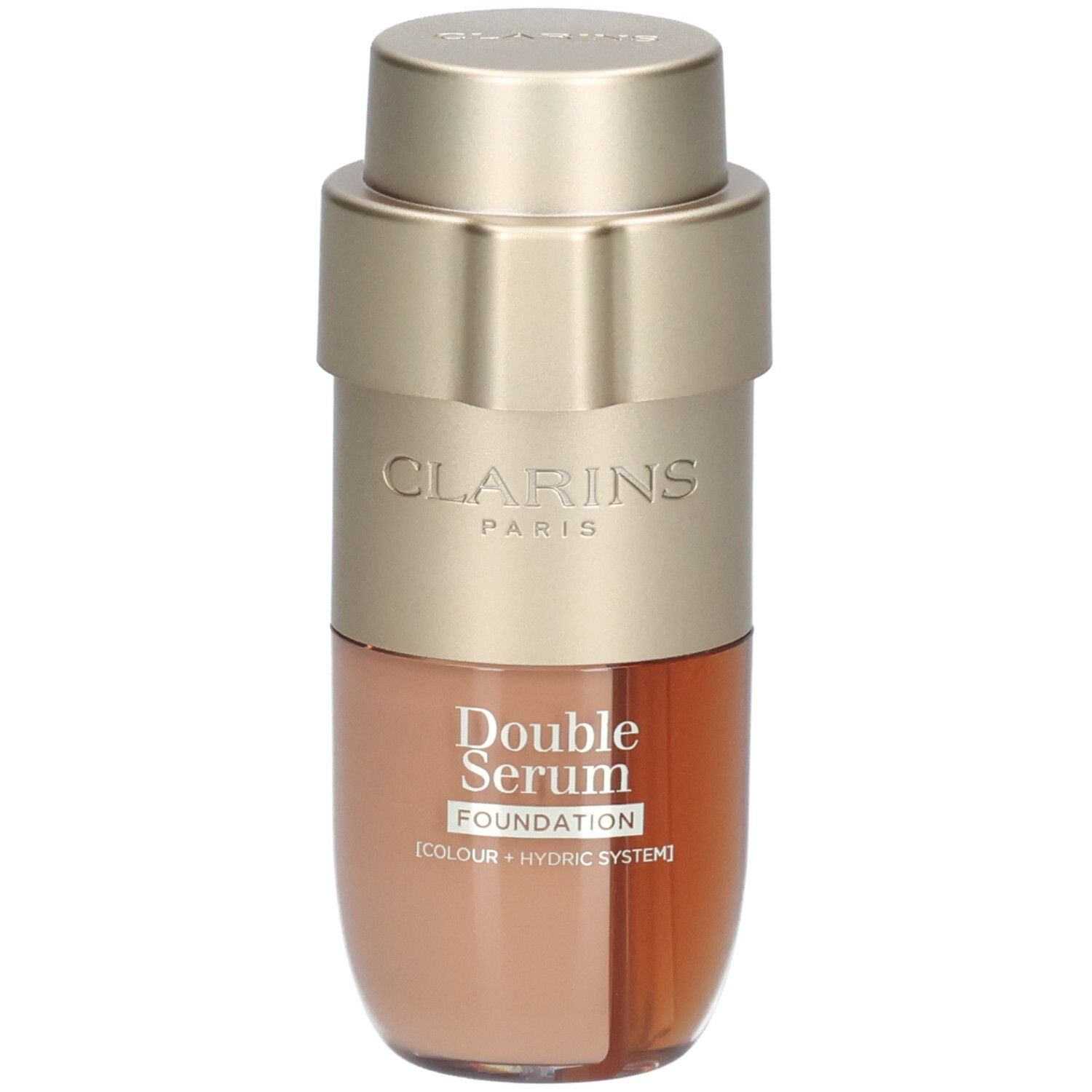 Clarins Double Serum Foundation M4C. Goudkleurige pompfles met twee compartimenten, één voor foundation, één voor serum.