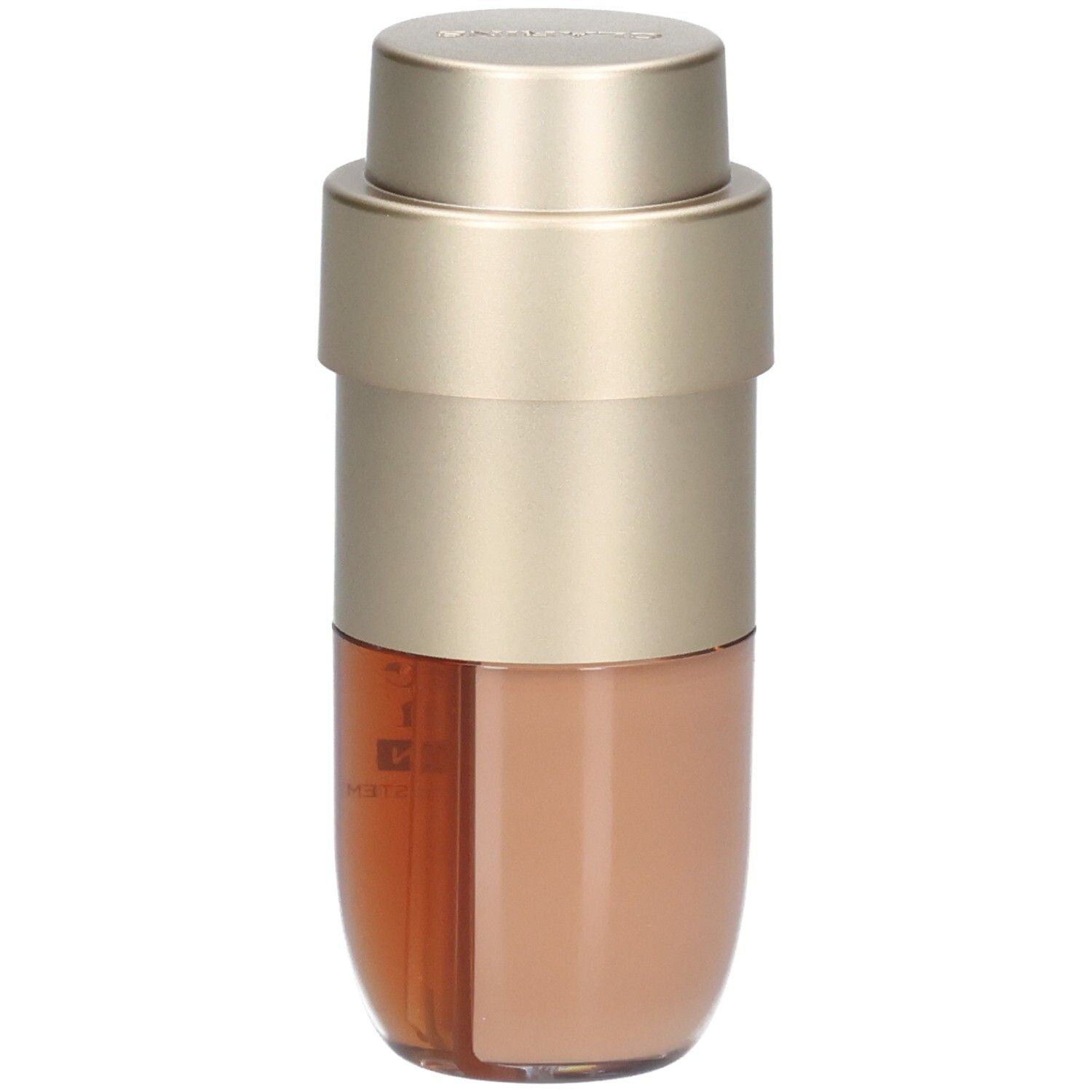 Clarins Double Serum Foundation M4C. Goudkleurige pompfles met twee compartimenten, één voor foundation, één voor serum.