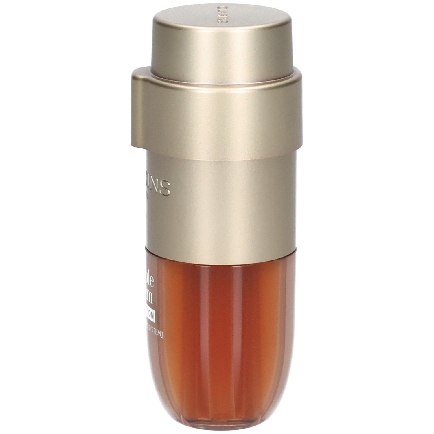 Clarins Double Serum Foundation M4C. Goudkleurige pompfles met twee compartimenten, één voor foundation, één voor serum.