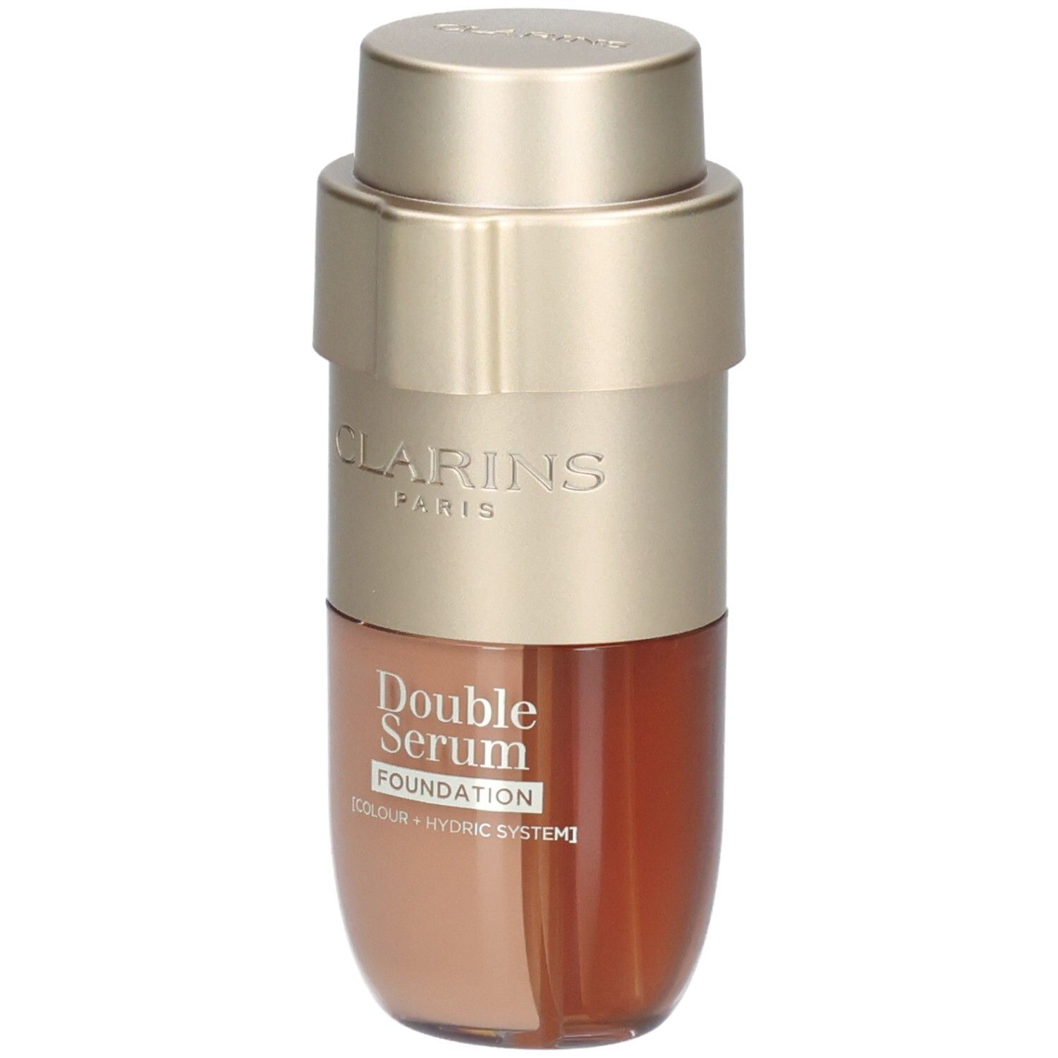 Clarins Double Serum Foundation M4C. Goudkleurige pompfles met twee compartimenten, één voor foundation, één voor serum.
