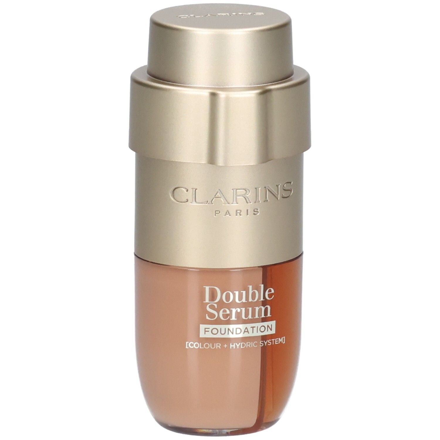 Clarins Double Serum Foundation M4C. Goudkleurige pompfles met twee compartimenten, één voor foundation, één voor serum.