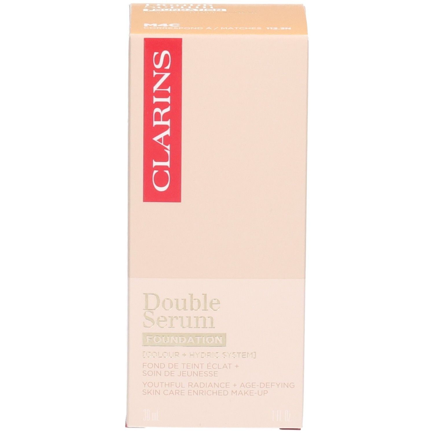 Clarins Double Serum Foundation M4C en verpakking. Goudkleurige pompfles met twee compartimenten, één voor foundation, één voor serum.