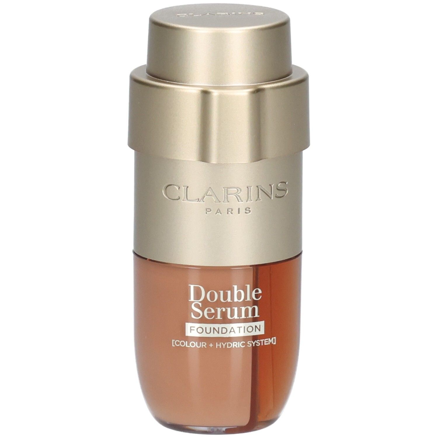 Clarins Double Serum Foundation M5C in goudkleurige en bruine fles met pompdoseerder.