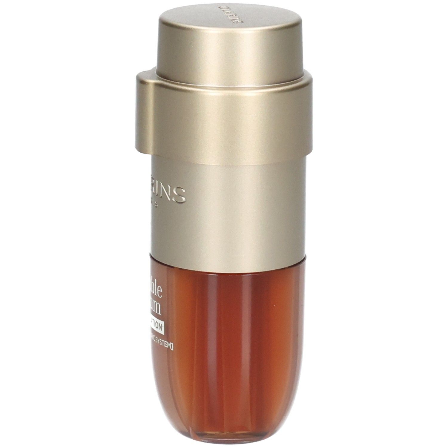 Clarins Double Serum Foundation M5C, goudkleurige pompkop, bruine fles.