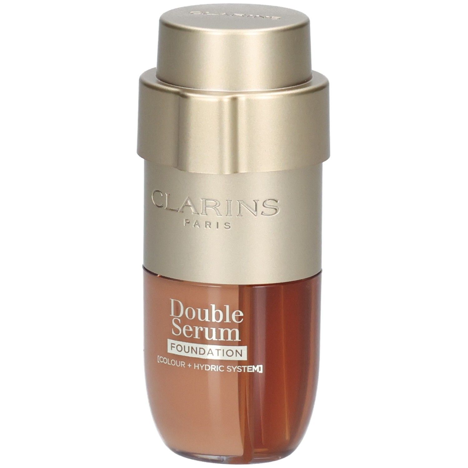 Clarins Double Serum Foundation M5C in goudkleurige en bruine fles met pompdoseerder.