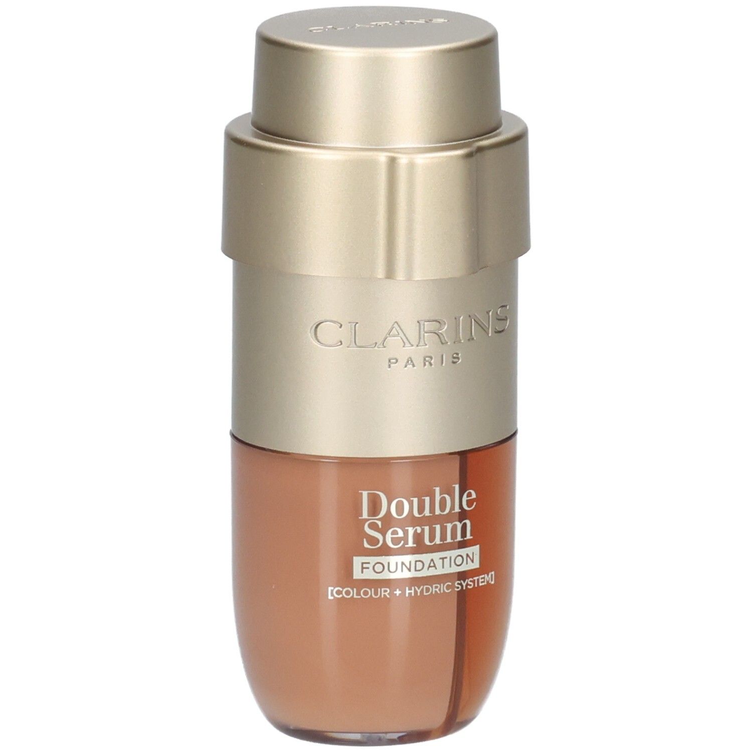 Clarins Double Serum Foundation M5C, goudkleurige pompkop, bruine fles.