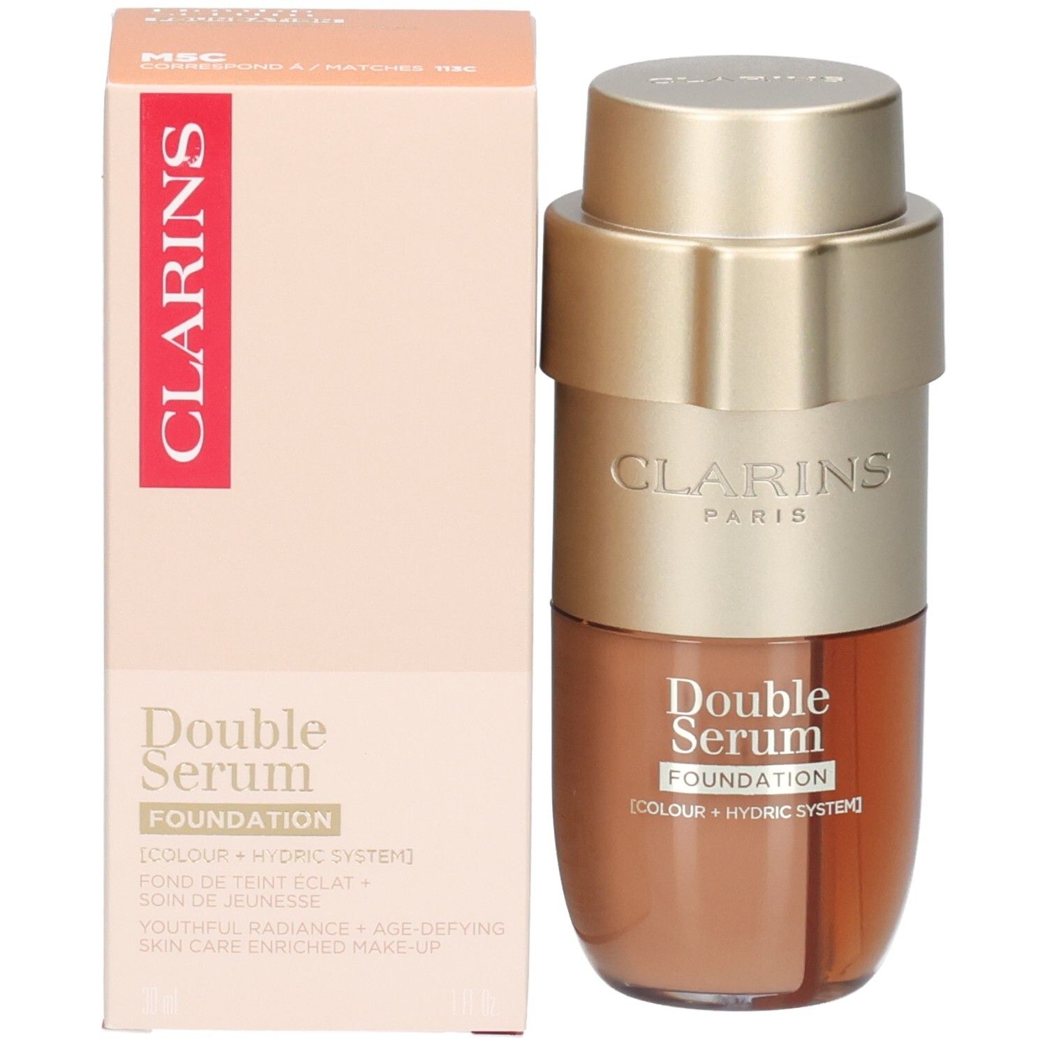 Clarins Double Serum Foundation M5C, goudkleurige pompkop, bruine fles.