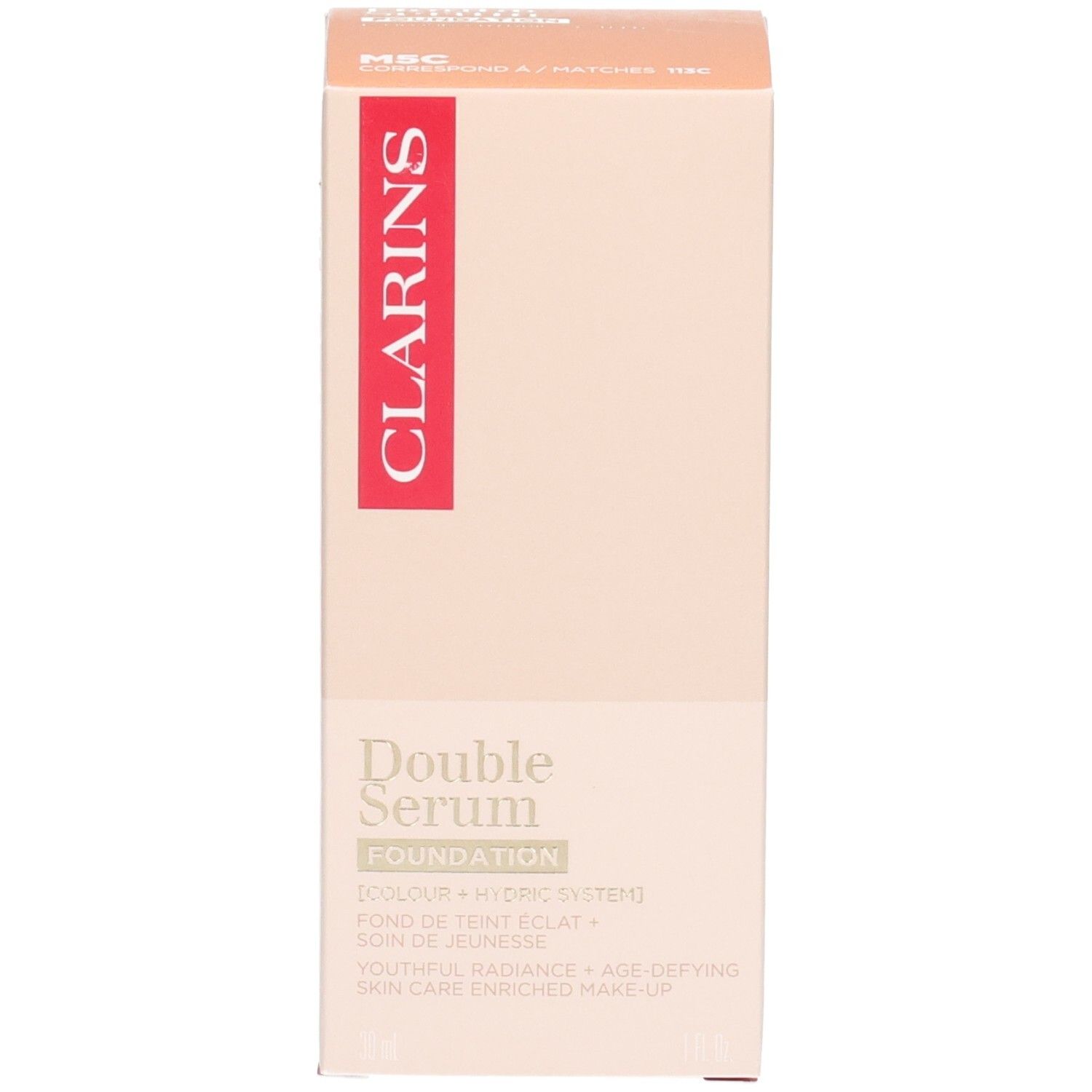 Clarins Double Serum Foundation M5C, goudkleurige pompkop, bruine fles.