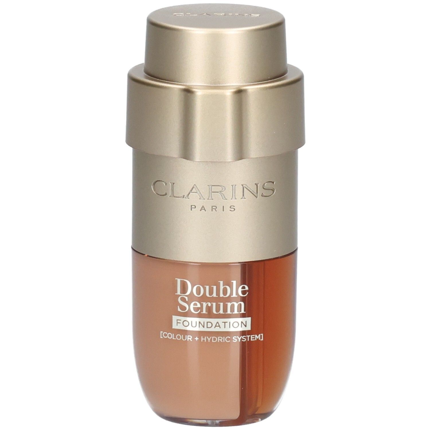 Clarins Double Serum Foundation M5N dans un flacon or et marron avec pompe.