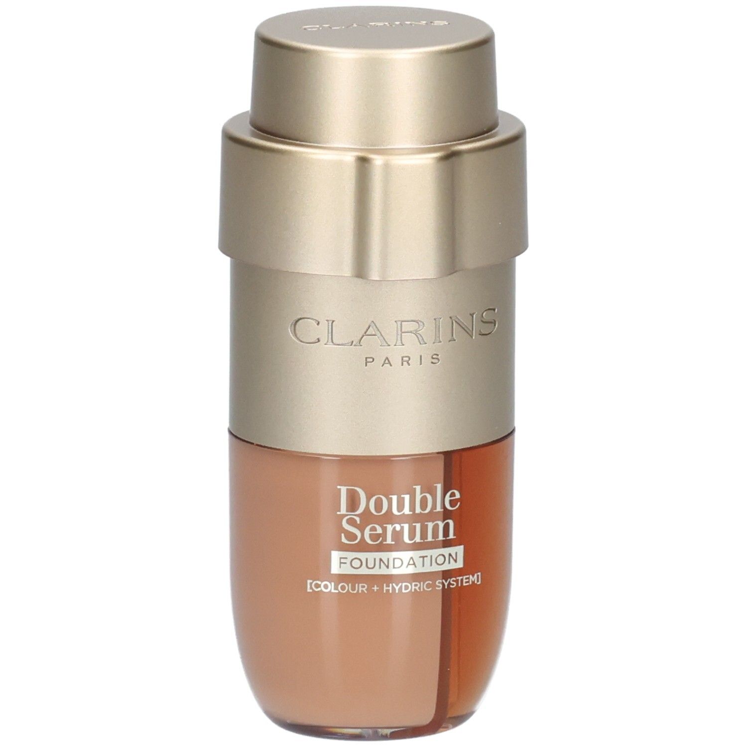 Clarins Double Serum Foundation M5N, flacon or et marron avec pompe, vue en angle.