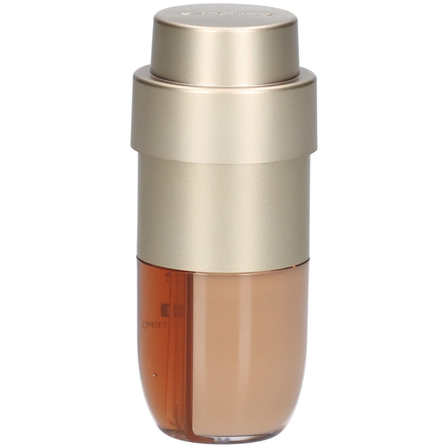 Clarins Double Serum Foundation M5W: Goudkleurige pompflacon met twee kamers, één met goudbruine en één met licht goudbruine foundation.