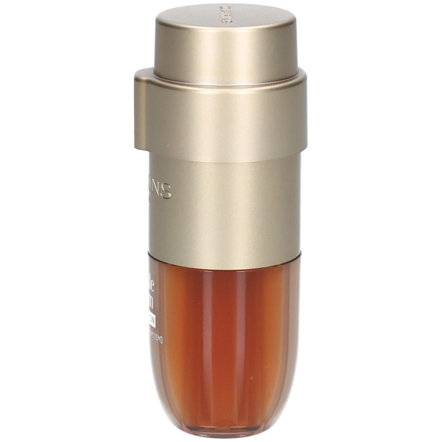 Clarins Double Serum Foundation M5W: Goudkleurige pompflacon met twee kamers, één met goudbruine vloeistof.