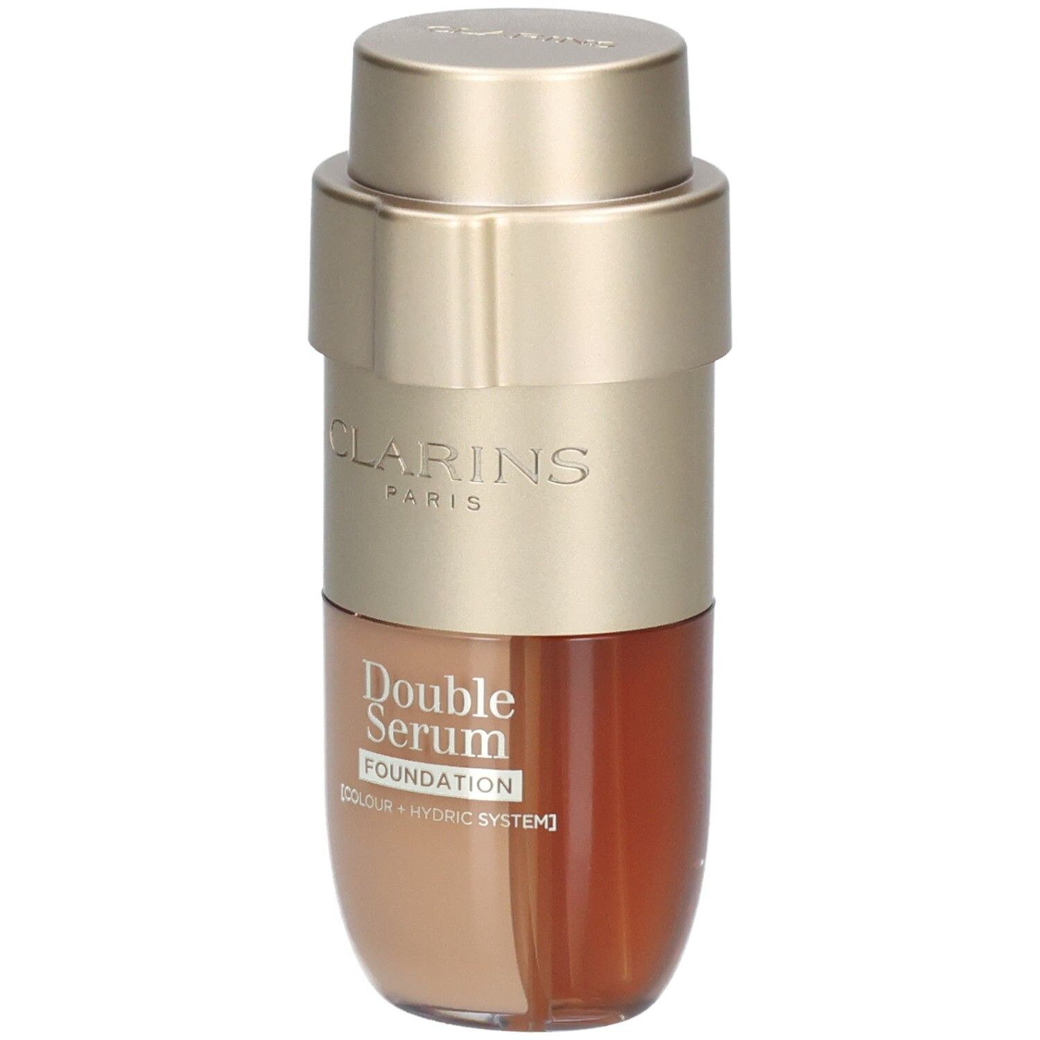 Clarins Double Serum Foundation M5W: Goudkleurige pompflacon met twee kamers, één met goudbruine foundation.