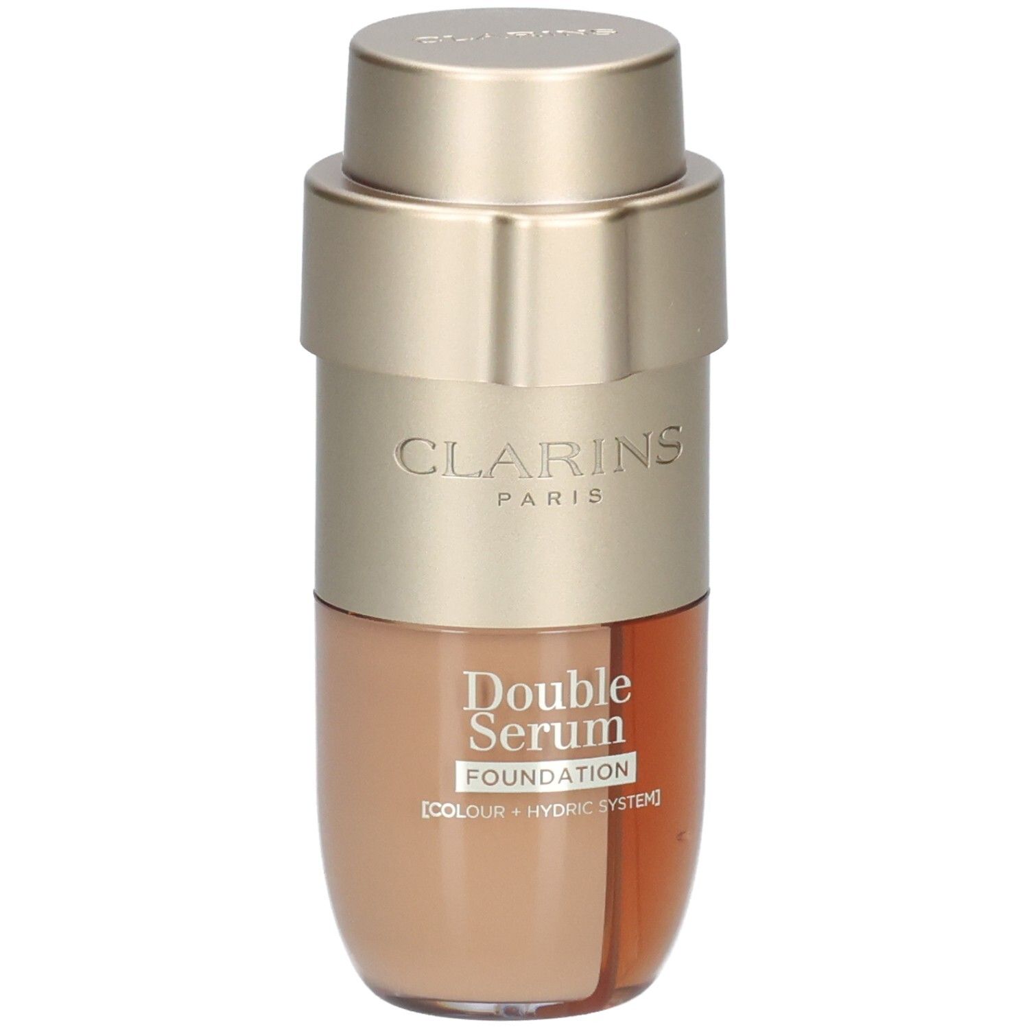 Clarins Double Serum Foundation M5W: Goudkleurige pompflacon met twee kamers, één met goudbruine foundation.