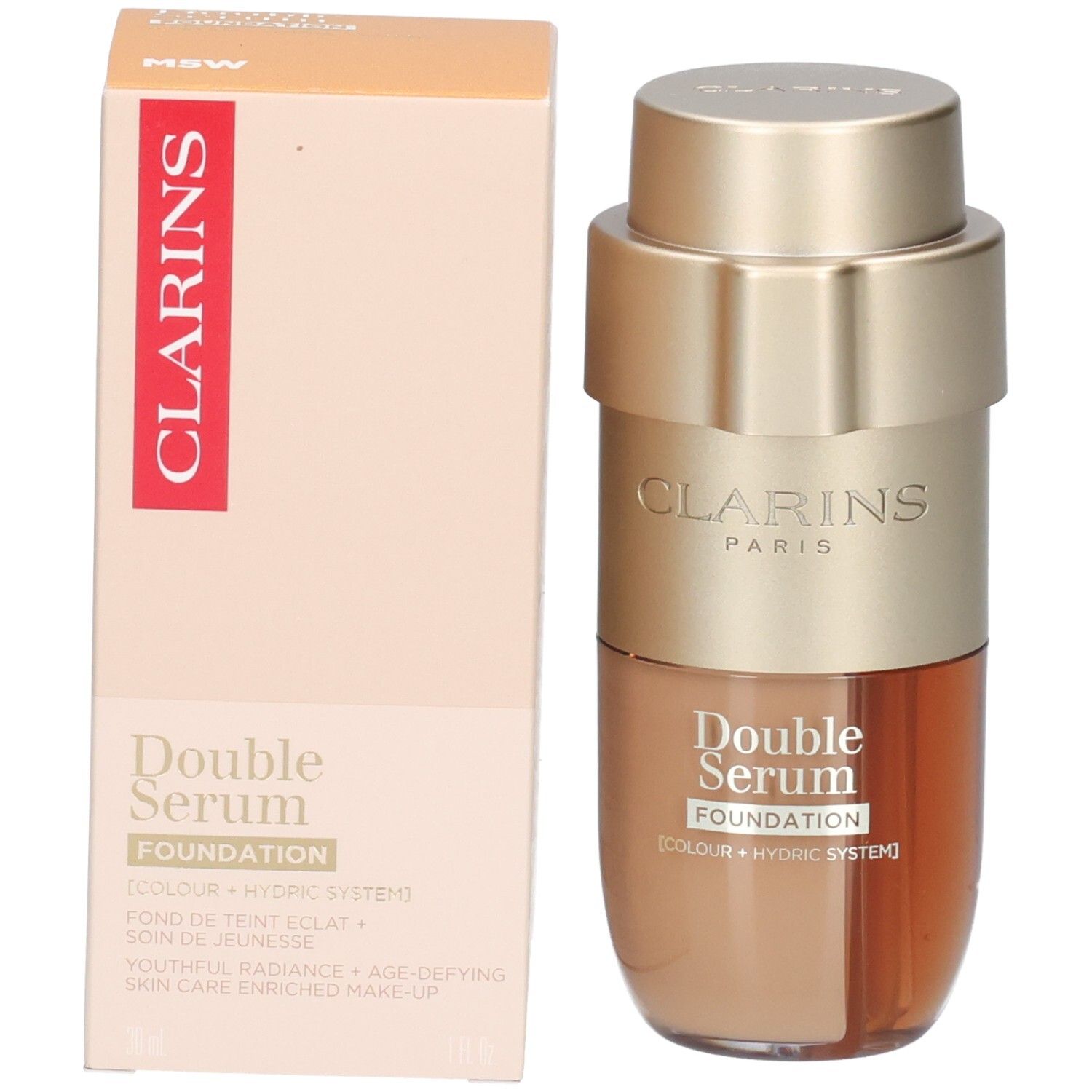 Clarins Double Serum Foundation M5W: Goudkleurige pompflacon en verpakking, één met goudbruine foundation.