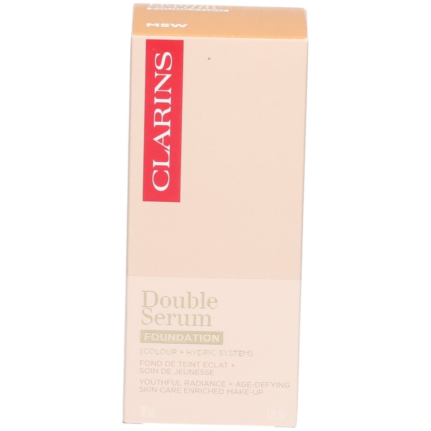 Clarins Double Serum Foundation M5W: Beige verpakking met rode streep en goudkleurige pompflacon.