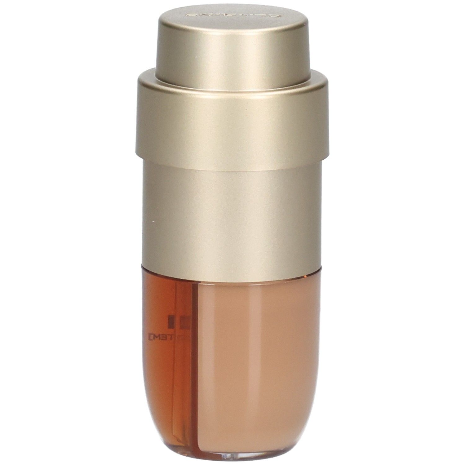 Clarins Double Serum Foundation M6W dans un flacon doré avec liquide brun et beige, vue latérale.
