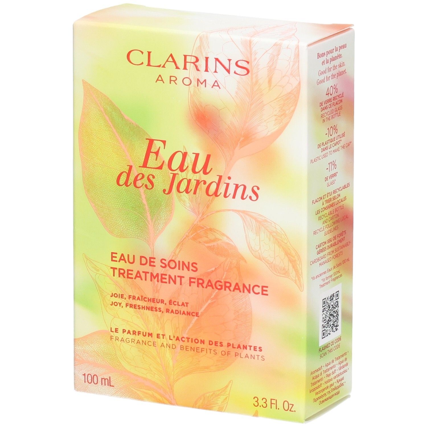 Clarins Eau des Jardins Treatment Fragrance doos. Voorkant met bladmotief en productinformatie.