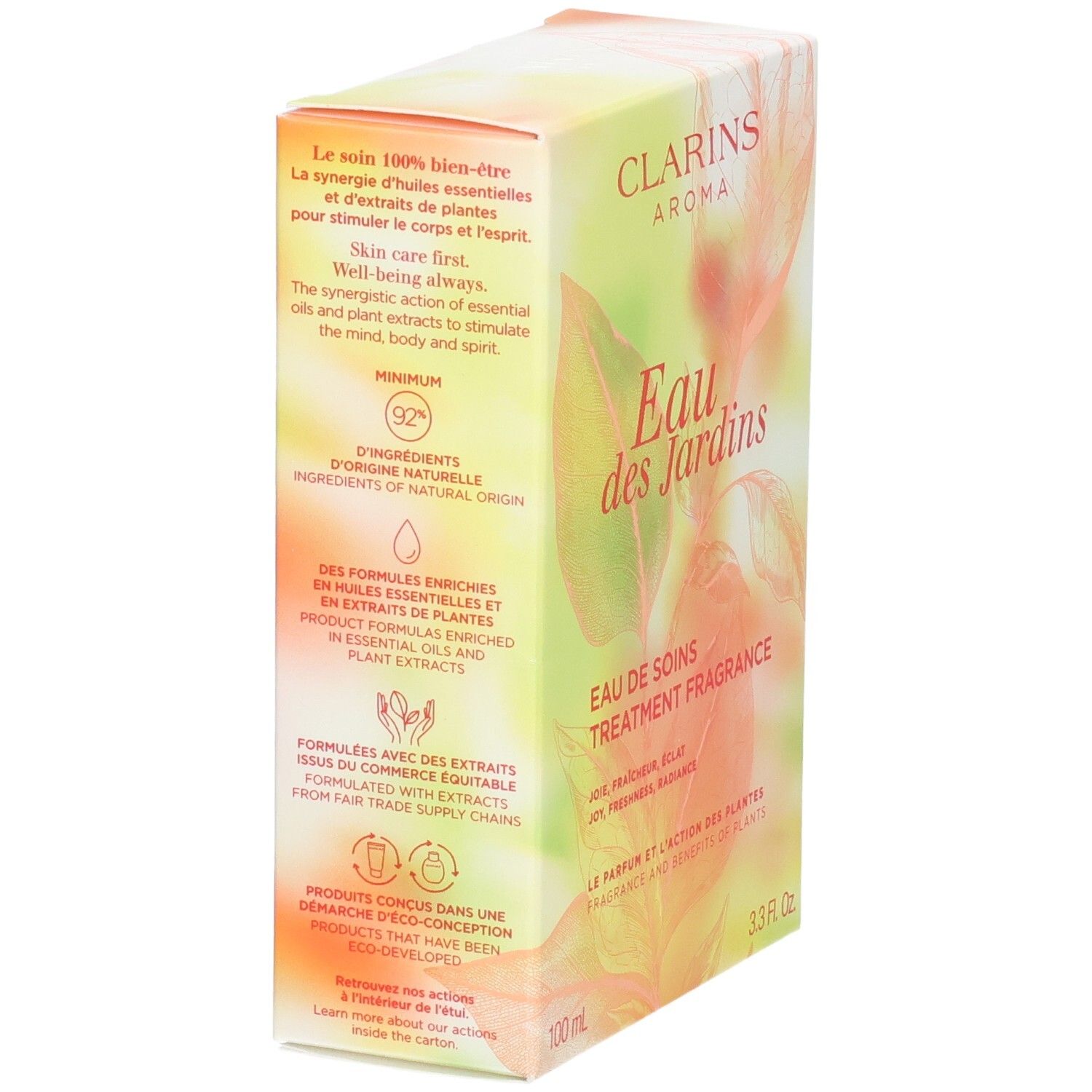 Clarins Eau des Jardins Treatment Fragrance doos. Zijaanzicht met ingrediënten en logo's.