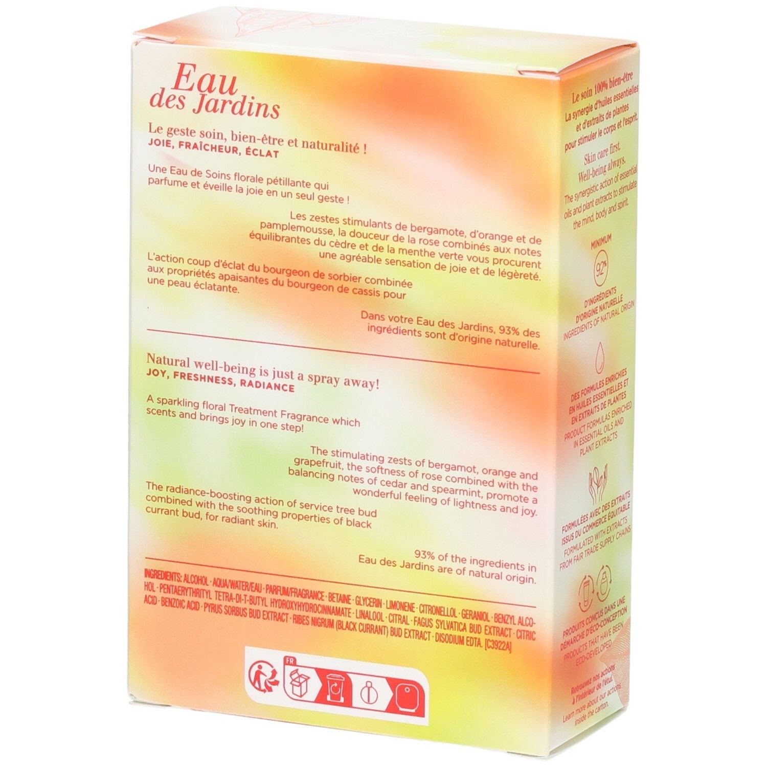 Clarins Eau des Jardins Treatment Fragrance doos. Achterkant met productbeschrijving en ingrediënten.