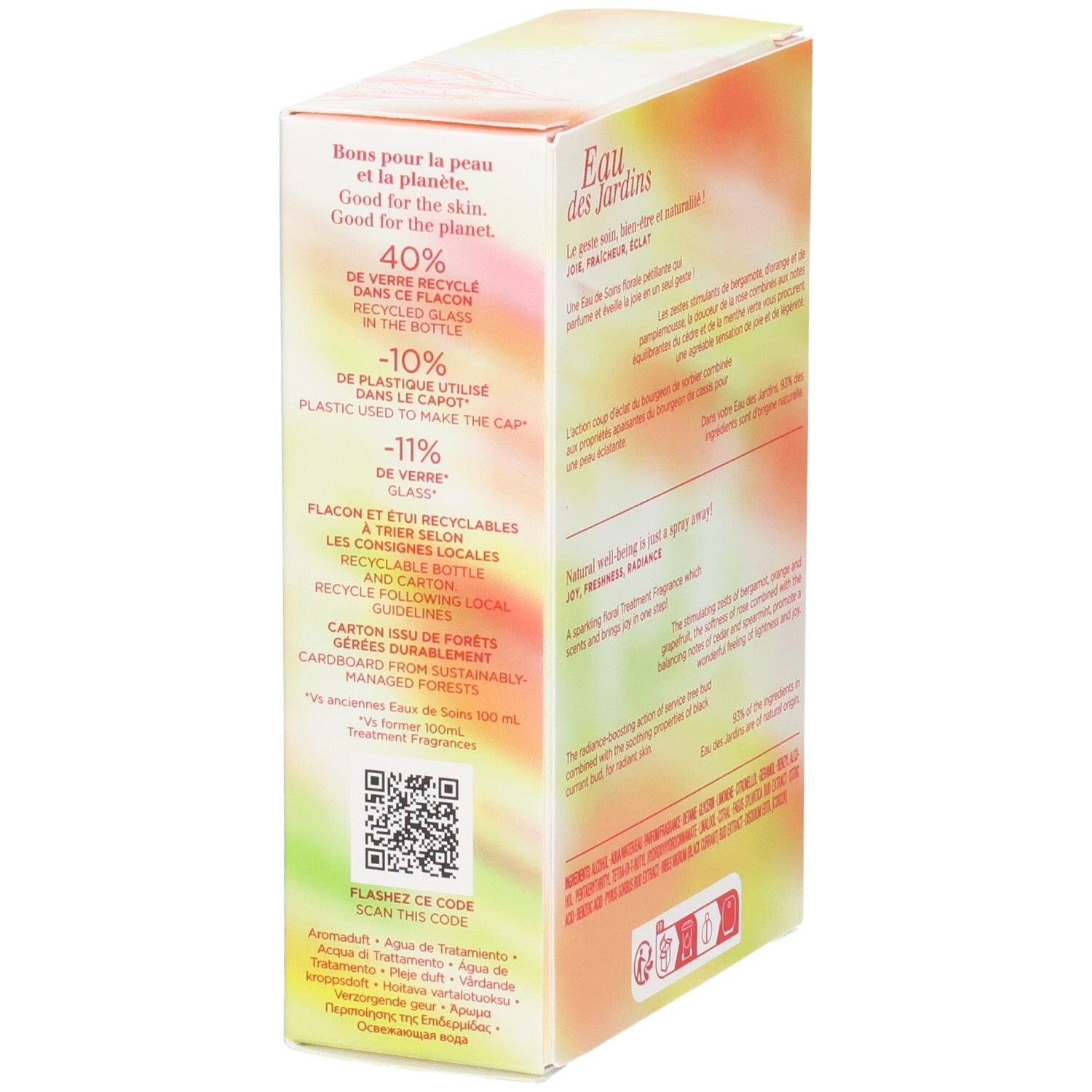 Clarins Eau des Jardins Treatment Fragrance doos. Zijaanzicht met recyclinginformatie en QR-code.