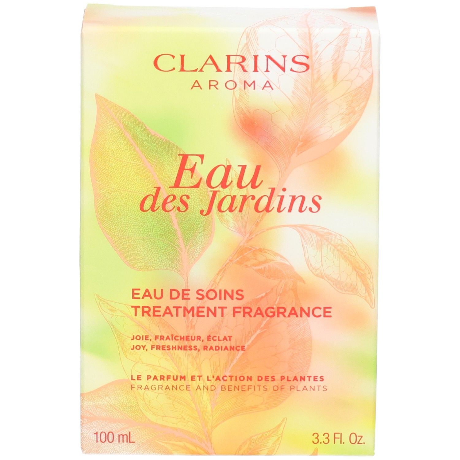 Clarins Eau des Jardins Treatment Fragrance doos. Voorkant met bladmotief en productinformatie.