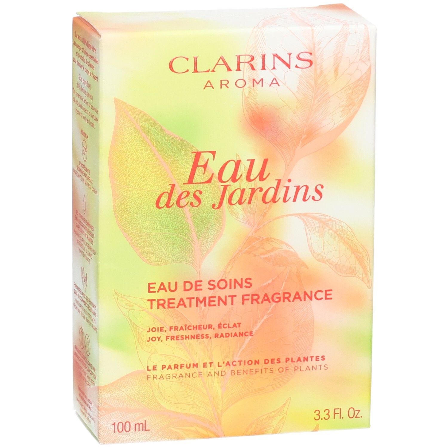 Clarins Eau des Jardins Treatment Fragrance doos. Voorkant met bladmotief en productinformatie.
