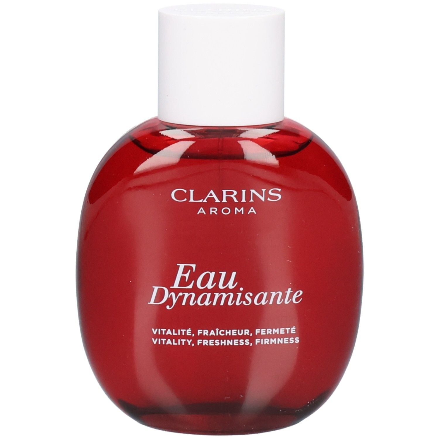 Clarins Eau Dynamisante: ronde rode glazen fles met witte dop. Bevat aromatisch verzorgingswater.