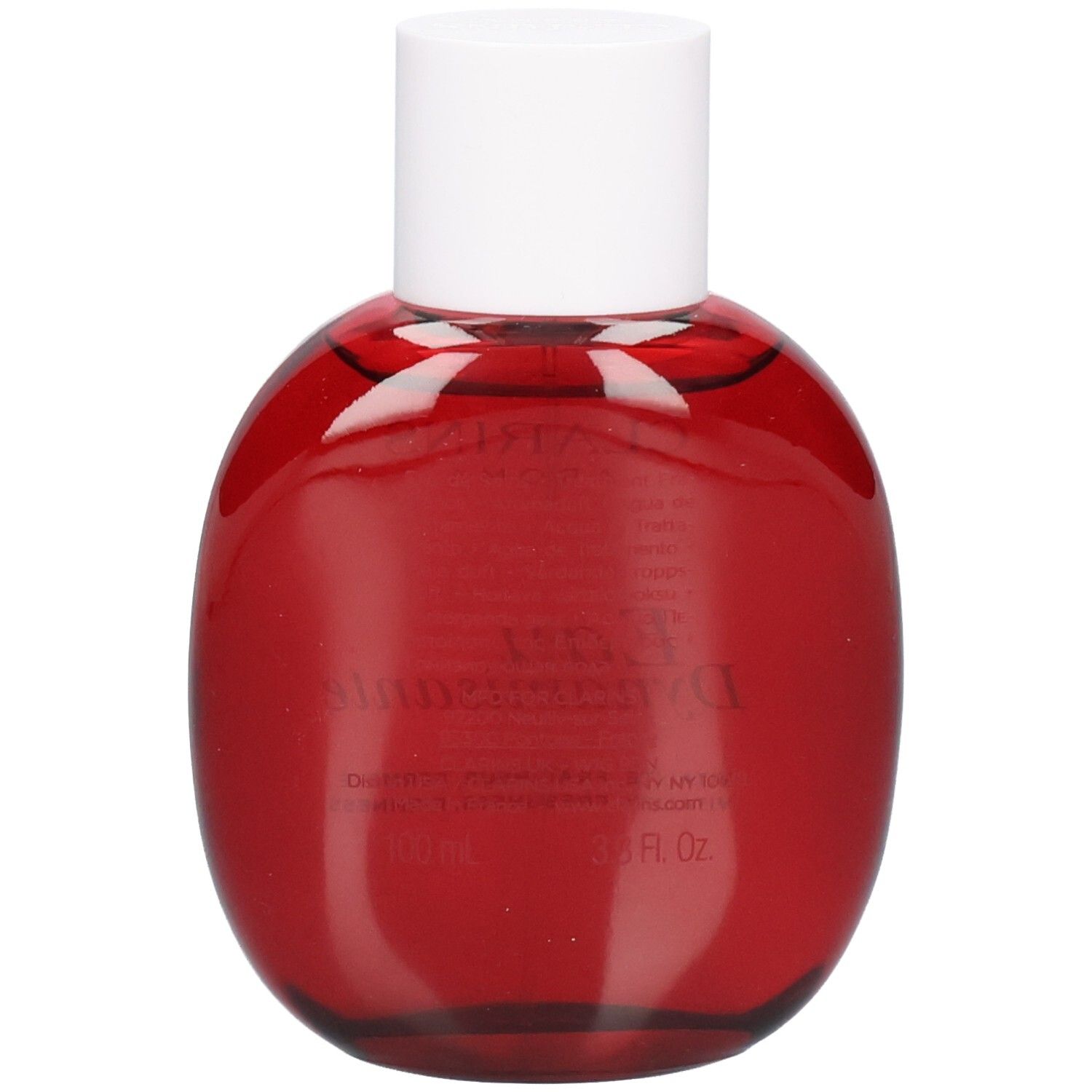 Achterkant van de Clarins Eau Dynamisante fles. Bevat 100ml / 3.4 fl. Oz.