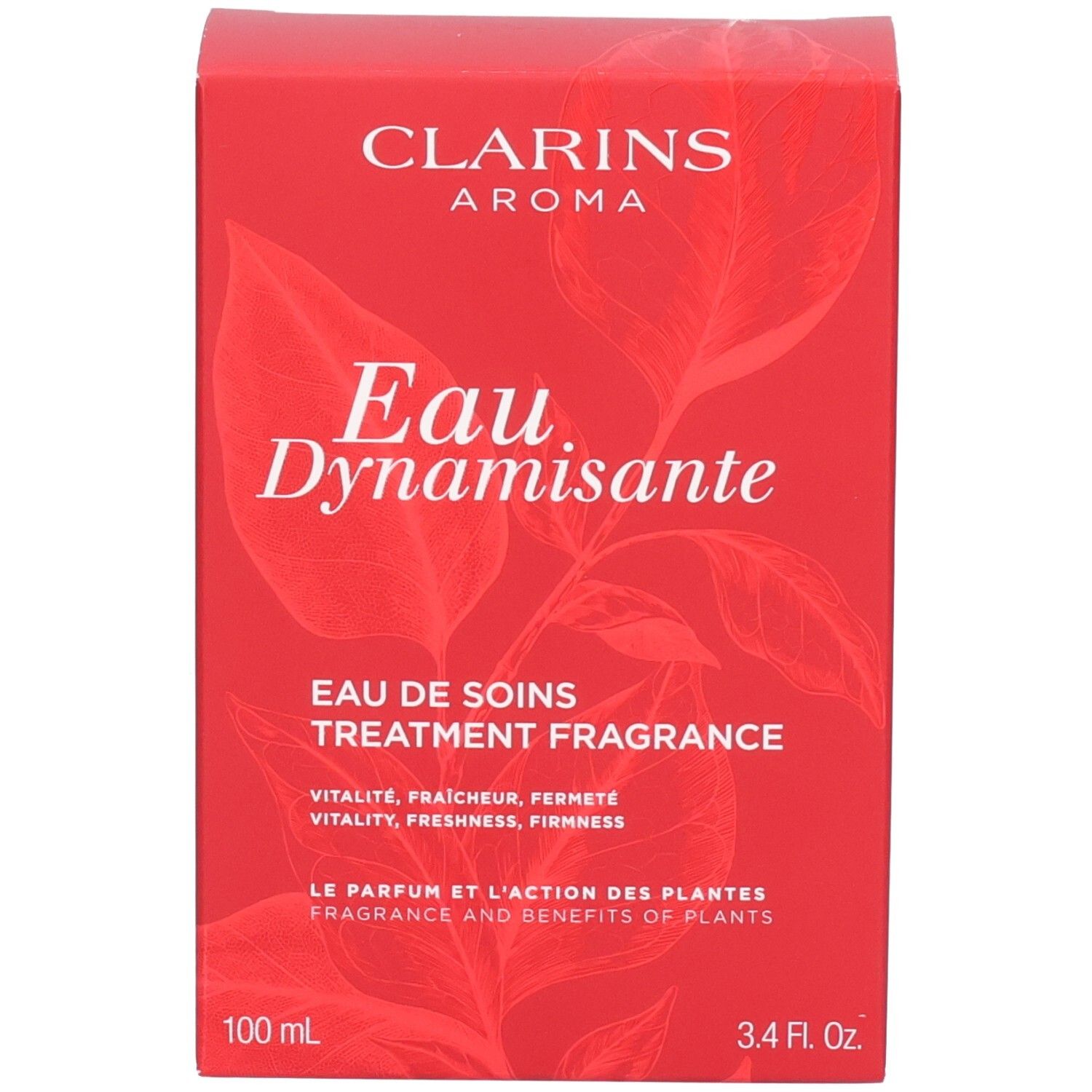 Verpakking Clarins Eau Dynamisante. Rode doos met bladerenmotief, aanduiding 100ml / 3.4 fl. Oz.