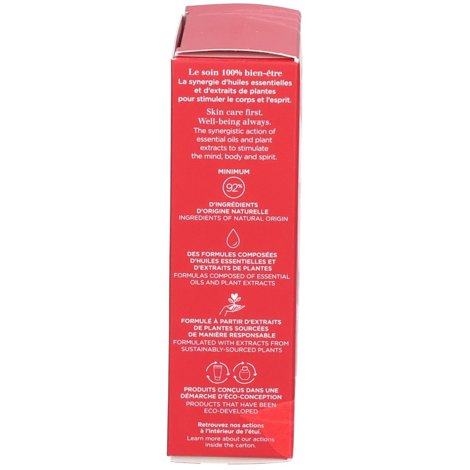 Zijde van de Clarins Eau Dynamisante verpakking. Informatie over ingrediënten en eco-design.