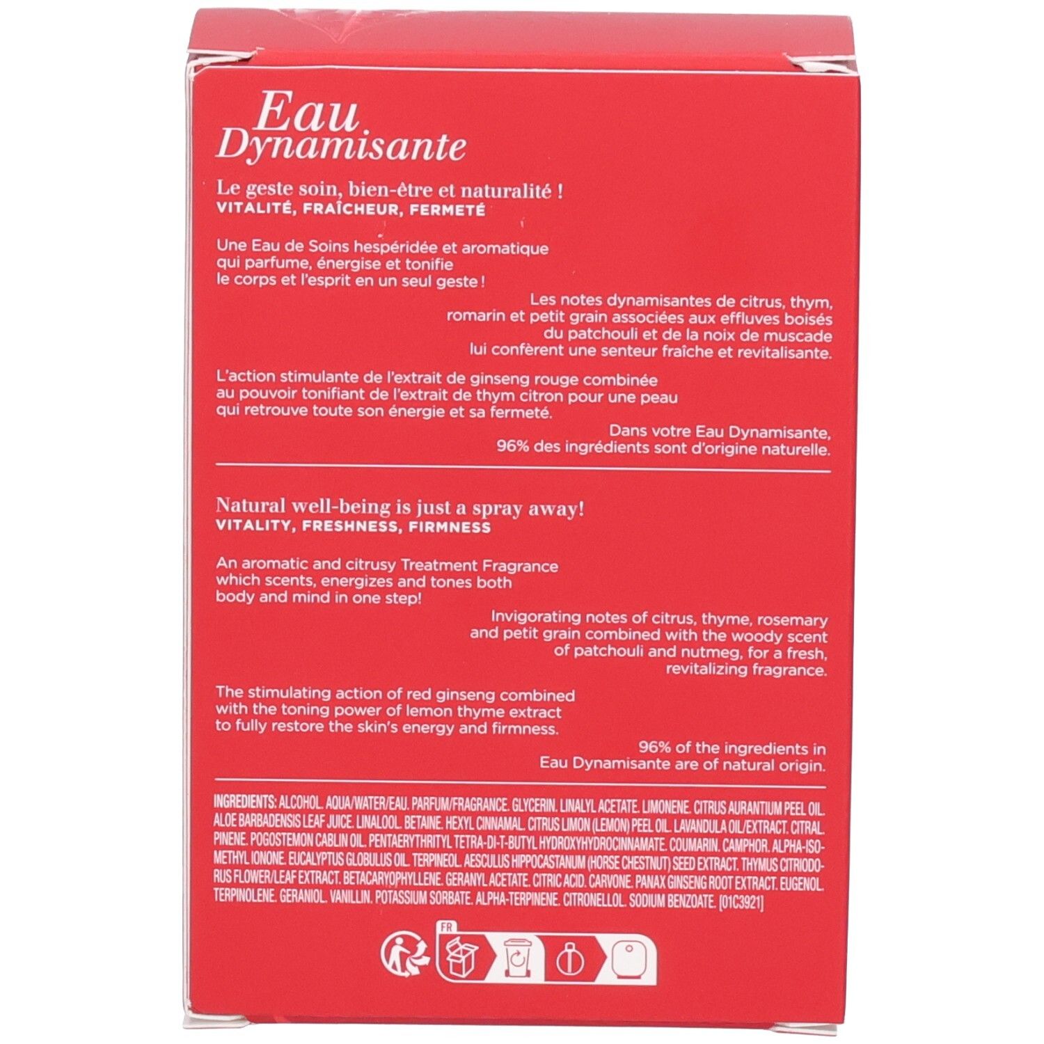 Achterkant van de Clarins Eau Dynamisante verpakking. Beschrijft geur en voordelen, 96% natuurlijke ingrediënten.