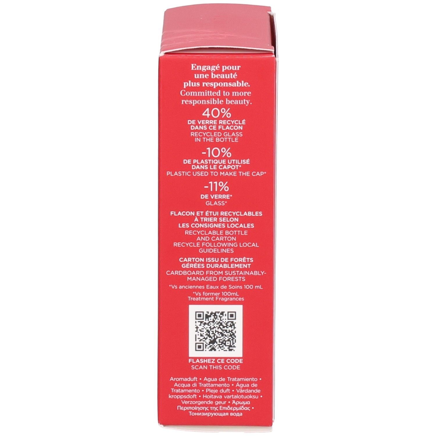 Zijde van de Clarins Eau Dynamisante verpakking. Informatie over recycling en verantwoorde schoonheid.