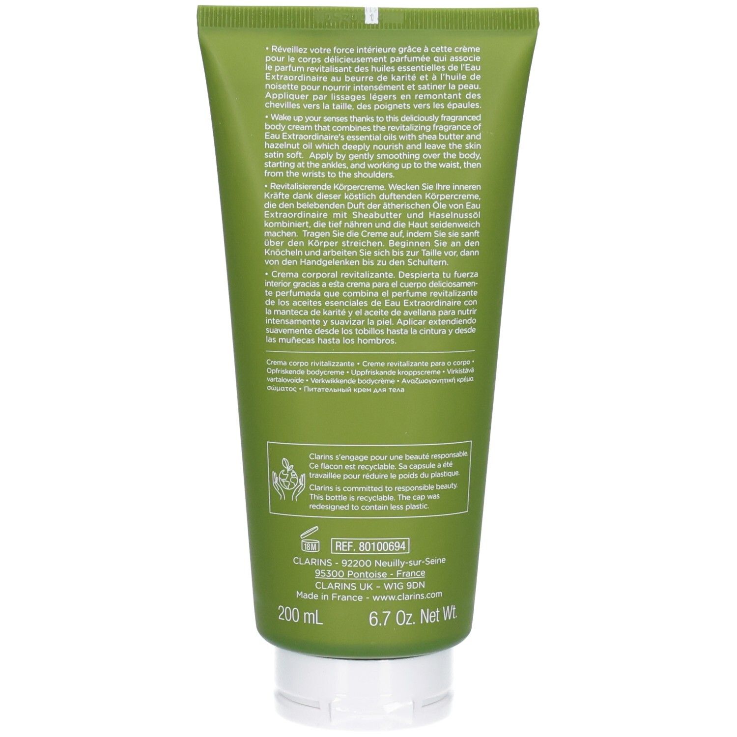 Achterkant van een groene tube Clarins Aroma Eau Extraordinaire Body Cream, met ingrediënten en instructies.