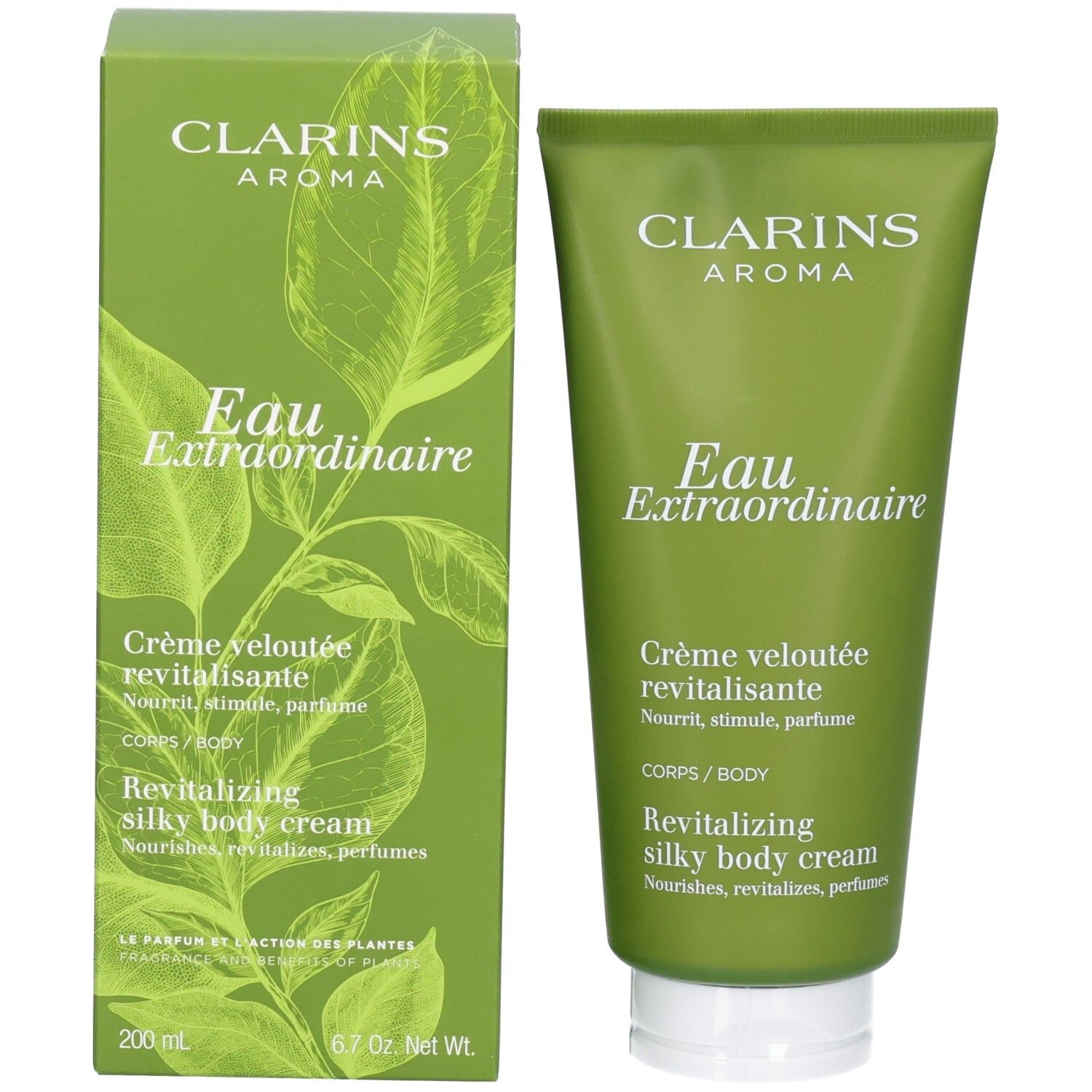Groene tube en doos Clarins Aroma Eau Extraordinaire Revitalizing Silky Body Cream.