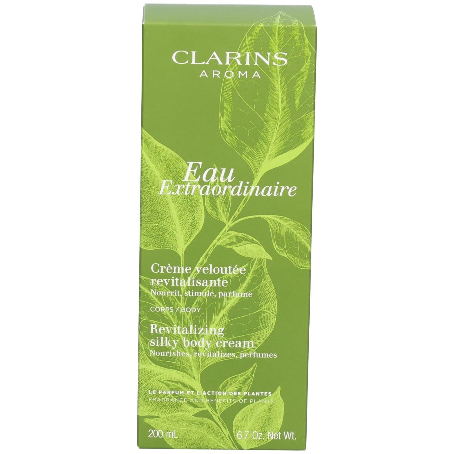 Doos Clarins Aroma Eau Extraordinaire Revitalizing Silky Body Cream met bladerenmotief.