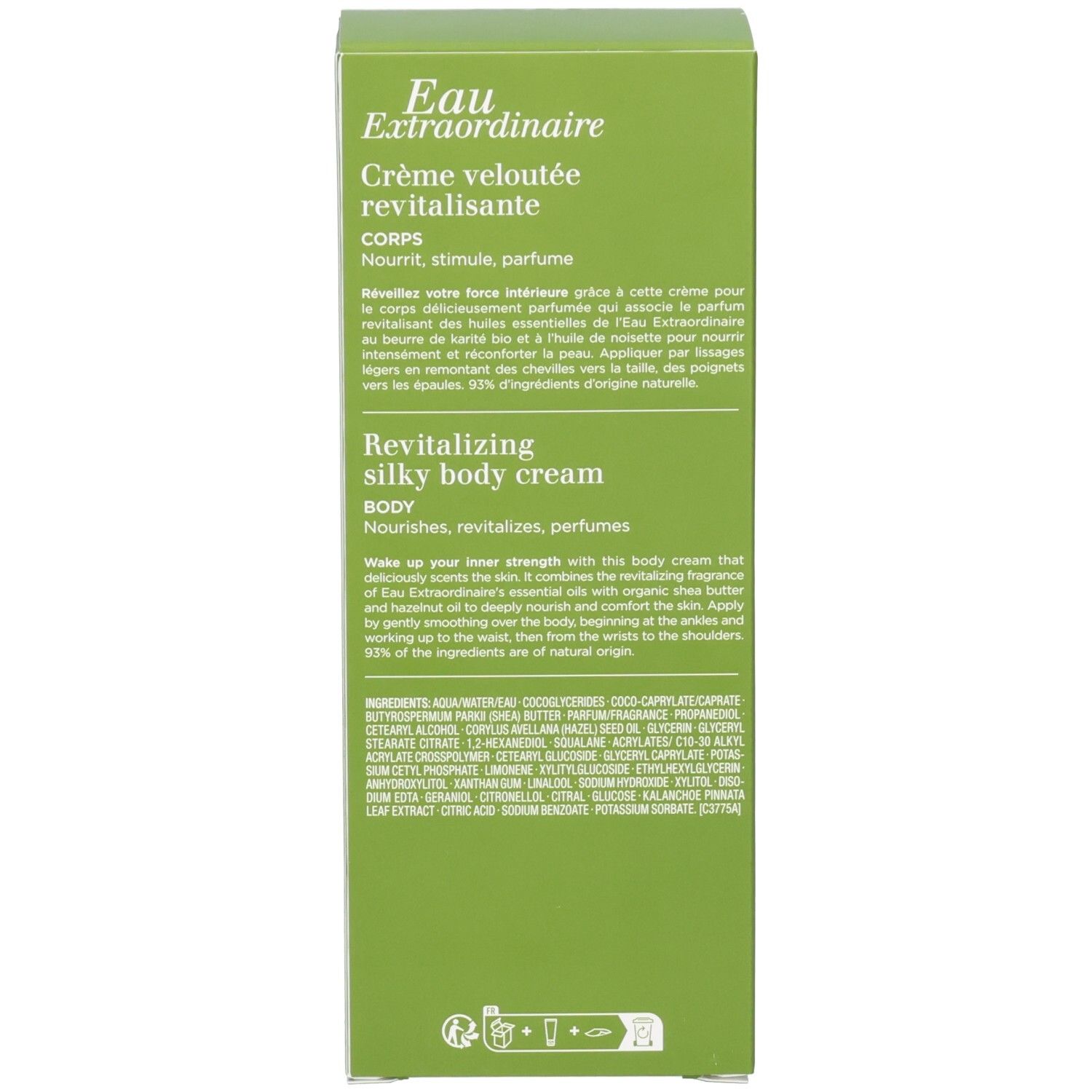 Achterkant van de doos Clarins Aroma Eau Extraordinaire Body Cream, met details en ingrediënten.